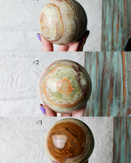 Green Onyx Sphere 75mm –Pick Your Exact Sphere, Natural Stone Decorative Sphere, Polished Green and Brown Onyx Ball for Display, Home or Office Décor