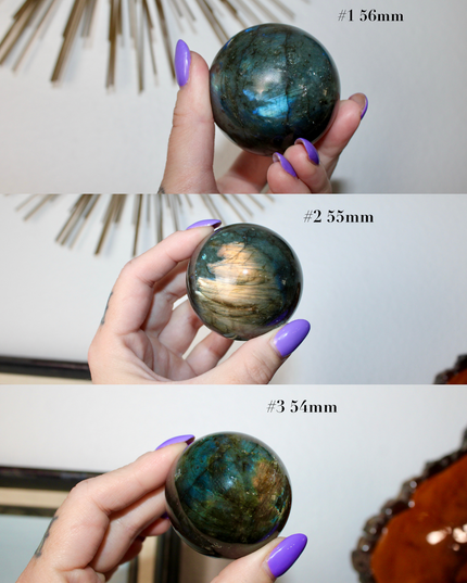 Three views of a labradorite crystal ball held by a hand with purple nail polish.