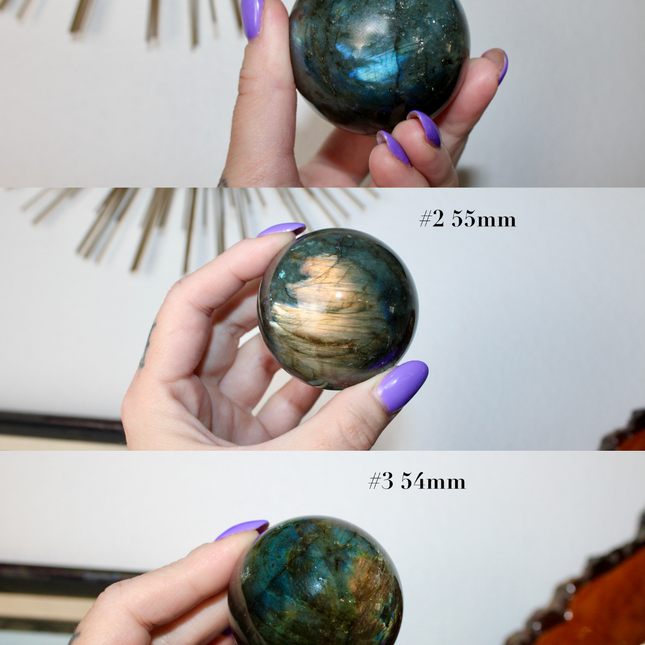 Three views of a labradorite crystal ball held by a hand with purple nail polish.