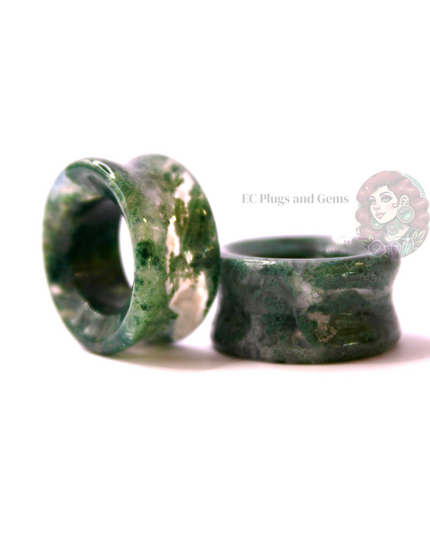 Moss Agate Double Flare Grade A Tunnel Plugs - Pair of Mossy Appearance Natural Gauges