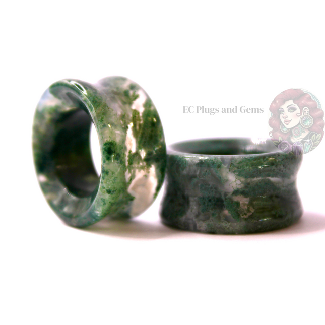 Moss Agate Double Flare Grade A Tunnel Plugs - Pair of Mossy Appearance Natural Gauges