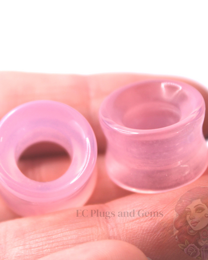 Pink Opalite Tunnel Plugs – Double Flare Crystal Eyelet Gauges (Pair), Soft Pink Iridescent Glow