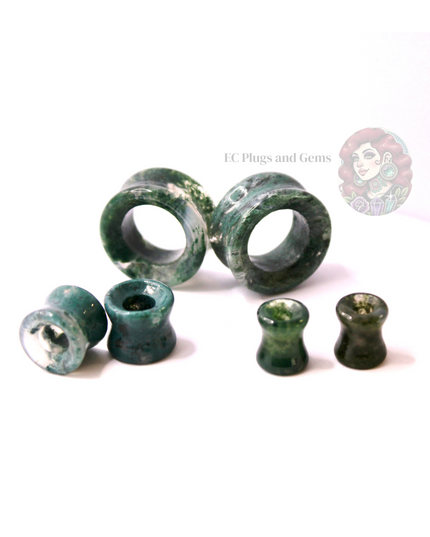 Moss Agate Double Flare Grade A Tunnel Plugs - Pair of Mossy Appearance Natural Gauges