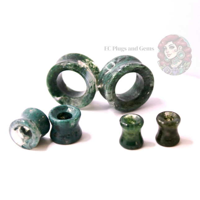Moss Agate Double Flare Grade A Tunnel Plugs - Pair of Mossy Appearance Natural Gauges