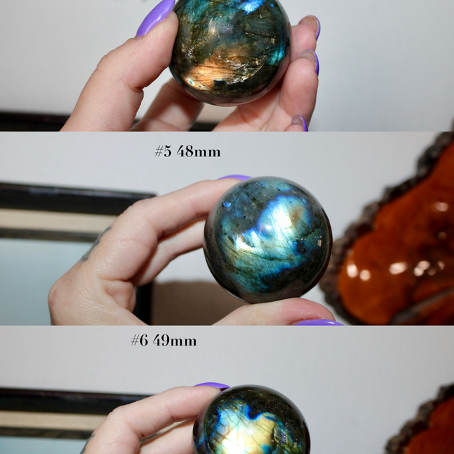 Three views of a labradorite crystal ball held by a hand with purple nail polish.