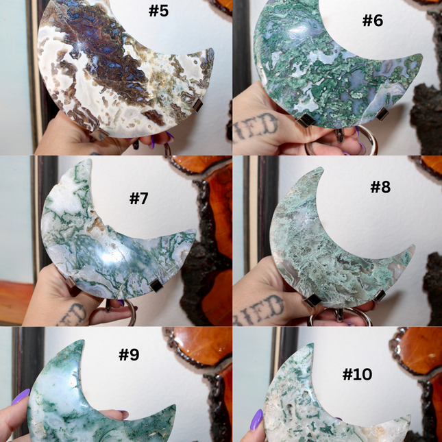 Collection of green and white moss agate stone crescent moon-shaped decorations with numbers indicating variations.