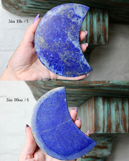 Crescent-shaped blue lapis held by a hand with text indicating size and option.