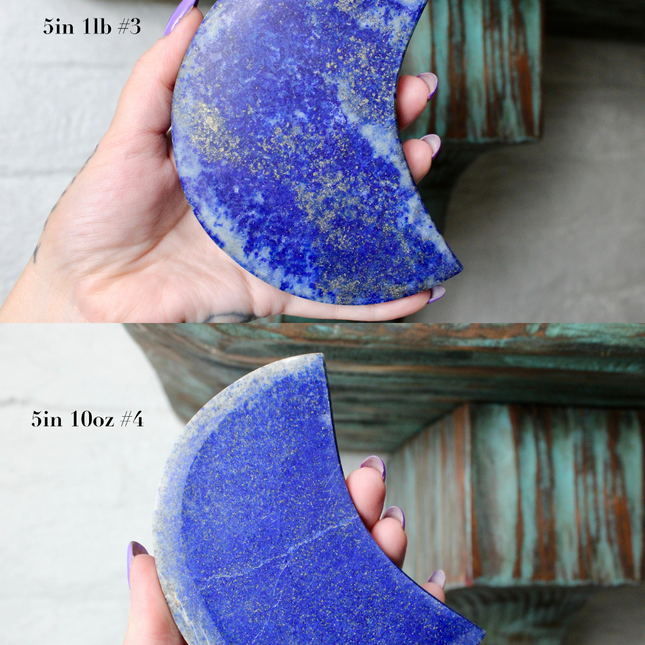 Crescent-shaped blue lapis held by a hand with text indicating size and option.