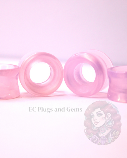 Pink Opalite Tunnel Plugs – Double Flare Crystal Eyelet Gauges (Pair), Soft Pink Iridescent Glow