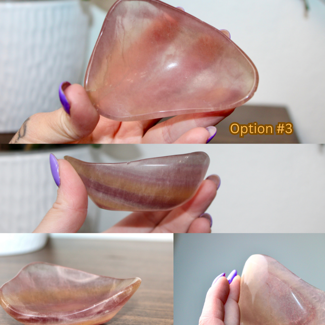 This Fluorite Bowl is made from genuine natural stone and showcases the beautiful color banding and clarity typical of fluorite. Ranging from soft greens to deep purples, each bowl is uniquely patterned and polished to a smooth, glossy finish.