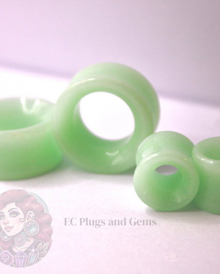 Green Glow In The Dark Tunnel Plugs - Opalite Green Glass Double Flare Eyelet Gauge 6mm-25mm