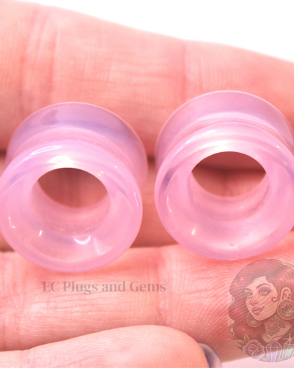 Pink Opalite Tunnel Plugs – Double Flare Crystal Eyelet Gauges (Pair), Soft Pink Iridescent Glow