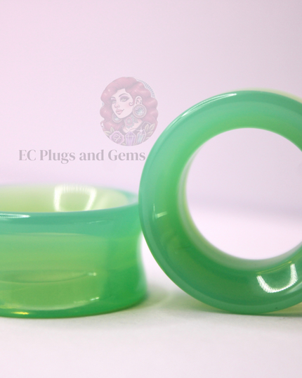 Opalite Green Glass Tunnel Plugs – Double Flare Eyelet Gauges (Pair), Luminous Green
