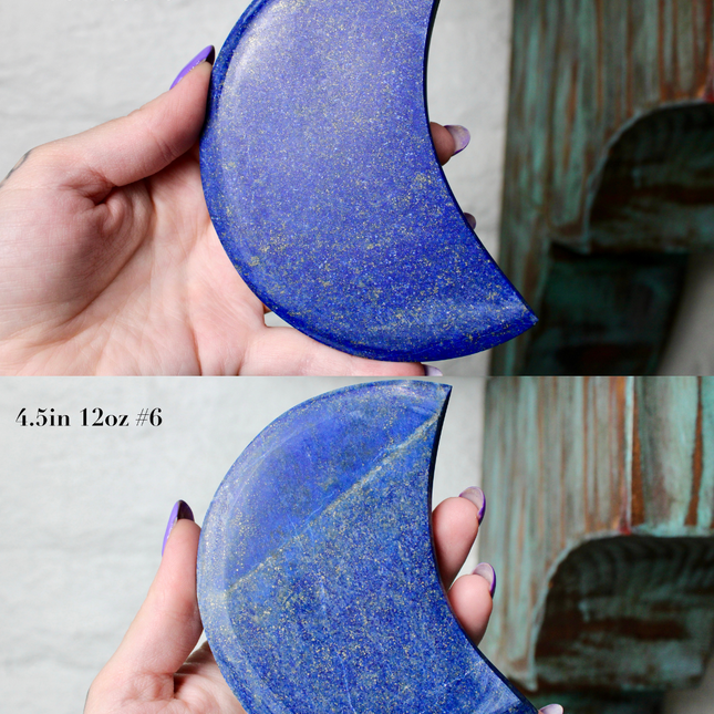 Crescent-shaped blue lapis held by a hand with text indicating size and option.