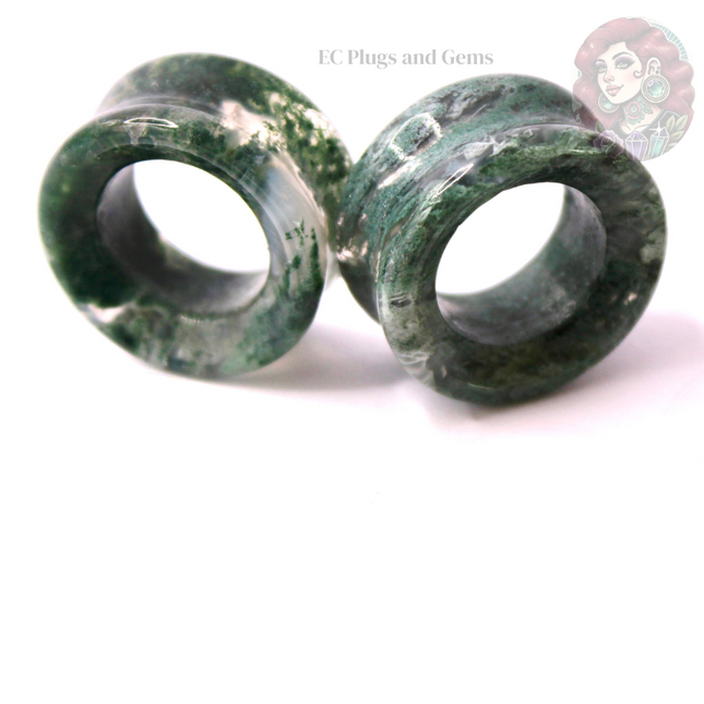 Moss Agate Double Flare Grade A Tunnel Plugs - Pair of Mossy Appearance Natural Gauges