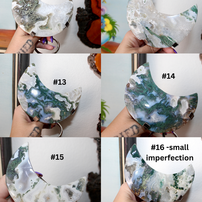 Collection of green and white moss agate stone crescent moon-shaped decorations with numbers indicating variations.