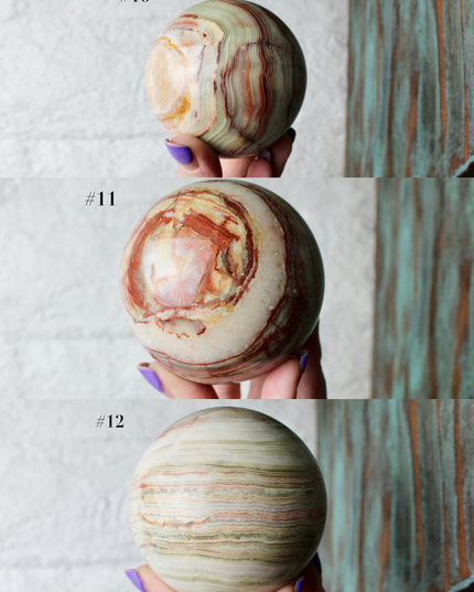 Green Onyx Sphere 75mm –Pick Your Exact Sphere, Natural Stone Decorative Sphere, Polished Green and Brown Onyx Ball for Display, Home or Office Décor