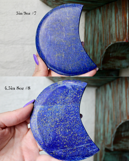 Crescent-shaped blue lapis held by a hand with text indicating size and option.