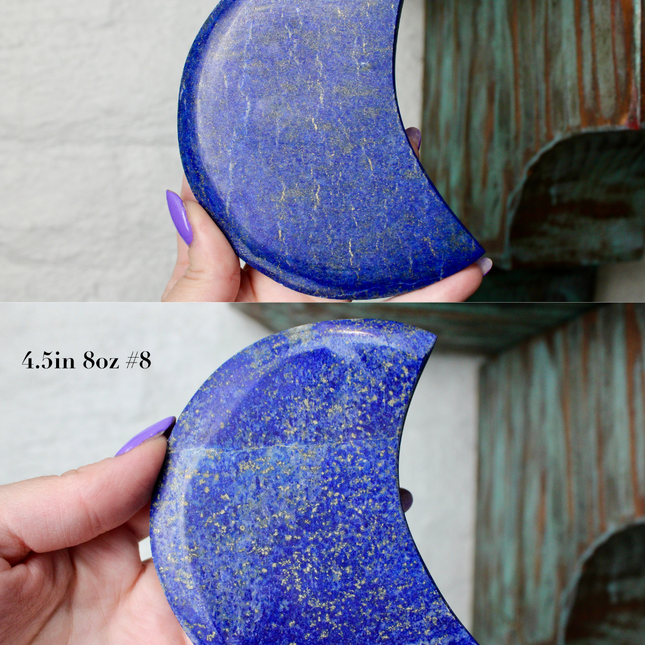 Crescent-shaped blue lapis held by a hand with text indicating size and option.