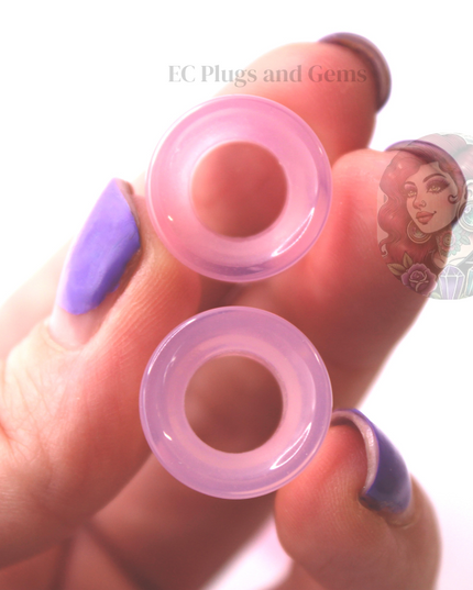 Pink Opalite Tunnel Plugs – Double Flare Crystal Eyelet Gauges (Pair), Soft Pink Iridescent Glow