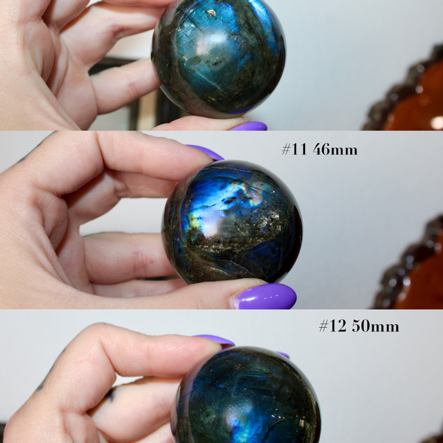 Three views of a labradorite crystal ball held by a hand with purple nail polish.