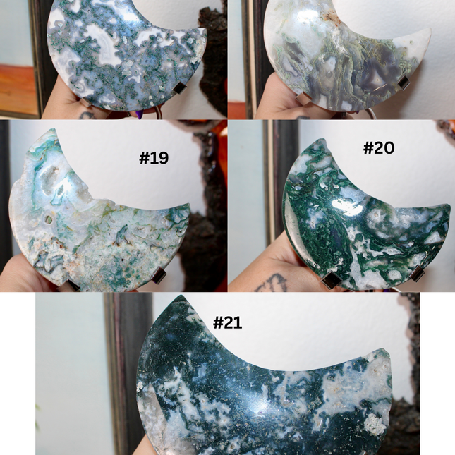 Collection of green and white moss agate stone crescent moon-shaped decorations with numbers indicating variations.