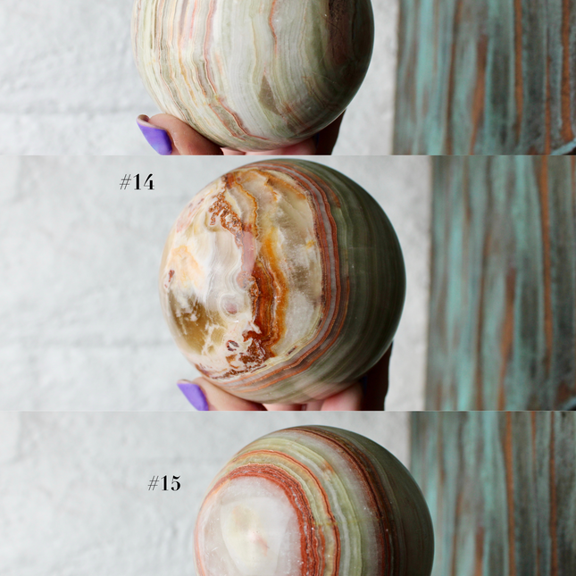 Green Onyx Sphere 75mm –Pick Your Exact Sphere, Natural Stone Decorative Sphere, Polished Green and Brown Onyx Ball for Display, Home or Office Décor