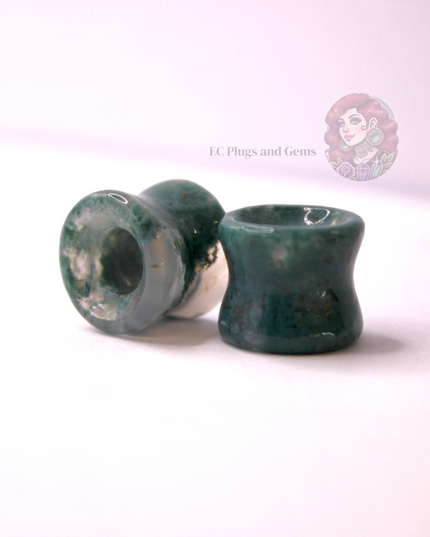 Moss Agate Double Flare Grade A Tunnel Plugs - Pair of Mossy Appearance Natural Gauges