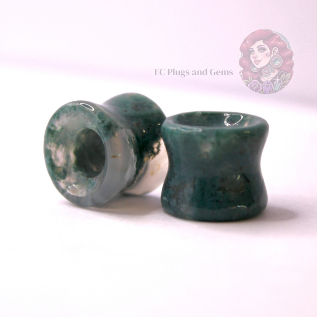 Moss Agate Double Flare Grade A Tunnel Plugs - Pair of Mossy Appearance Natural Gauges