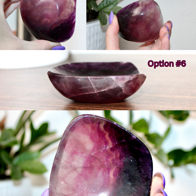 This Fluorite Bowl is made from genuine natural stone and showcases the beautiful color banding and clarity typical of fluorite. Ranging from soft greens to deep purples, each bowl is uniquely patterned and polished to a smooth, glossy finish.