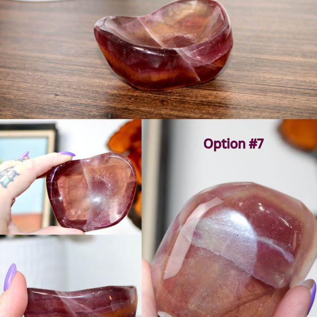 This Fluorite Bowl is made from genuine natural stone and showcases the beautiful color banding and clarity typical of fluorite. Ranging from soft greens to deep purples, each bowl is uniquely patterned and polished to a smooth, glossy finish.