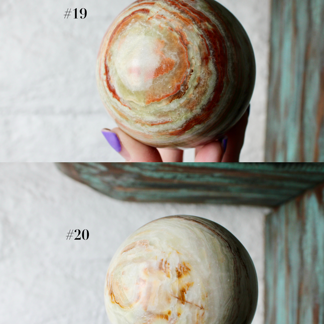 Green Onyx Sphere 75mm –Pick Your Exact Sphere, Natural Stone Decorative Sphere, Polished Green and Brown Onyx Ball for Display, Home or Office Décor