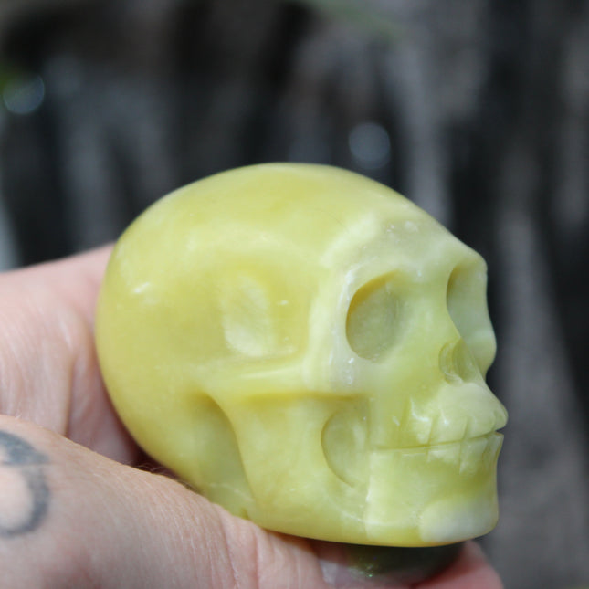 Lemon Jade Skull – Crystal Carving for Confidence, Luck & Creativity, Hand-Carved Yellow Stone, Spiritual Decor - EC Plugs