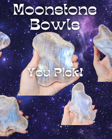 Moonstone Bowl Blue Flash – Hand‑Carved Polished Stone Dish with Flashing Blue Highlights, Decorative Display or Trinket Bowl