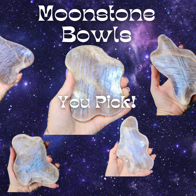 Moonstone Bowl Blue Flash – Hand‑Carved Polished Stone Dish with Flashing Blue Highlights, Decorative Display or Trinket Bowl