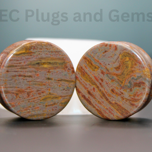 Wood Line Jasper Double Flared Plugs - Wood Appearance Stone Gauge PAIR