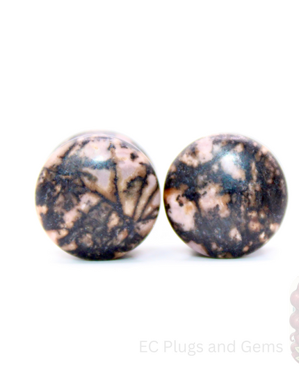Rhodonite Stone Plugs - Pink and Black Webbed Gauges Pair - EC Plugs