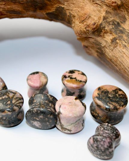 Rhodonite Stone Plugs - Pink and Black Webbed Gauges Pair - EC Plugs