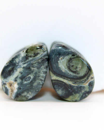 A captivating pair of Green Eye Jasper Teardrop Plugs rests gracefully on a natural backdrop. Each plug is carved into a smooth teardrop shape, showcasing earthy green tones swirled with intricate patterns of dark forest, moss, and soft olive hues. Subtle circular “eye” formations appear in the stone’s natural marbling, giving each piece a mysterious and organic feel. The polished surface enhances the depth and detail of the stone, while the teardrop shape offers a unique fit and bold silhouette.