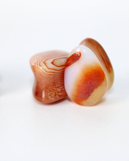 Carnelian Agate Stone Tear Drop Double Flare Plugs - Red and Orange Gauges 6mm-14mm