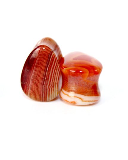 Carnelian Agate Stone Tear Drop Double Flare Plugs - Red and Orange Gauges 6mm-14mm