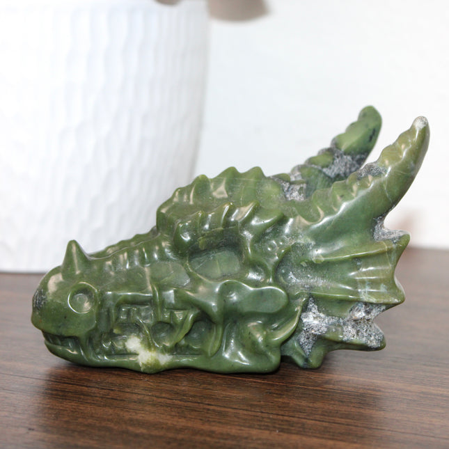 Large Xiuyan Jade Dragon Skull – Hand-Carved Green Stone Sculpture, Fantasy Decor, Unique Collector’s Piece, Statement Display - EC Plugs