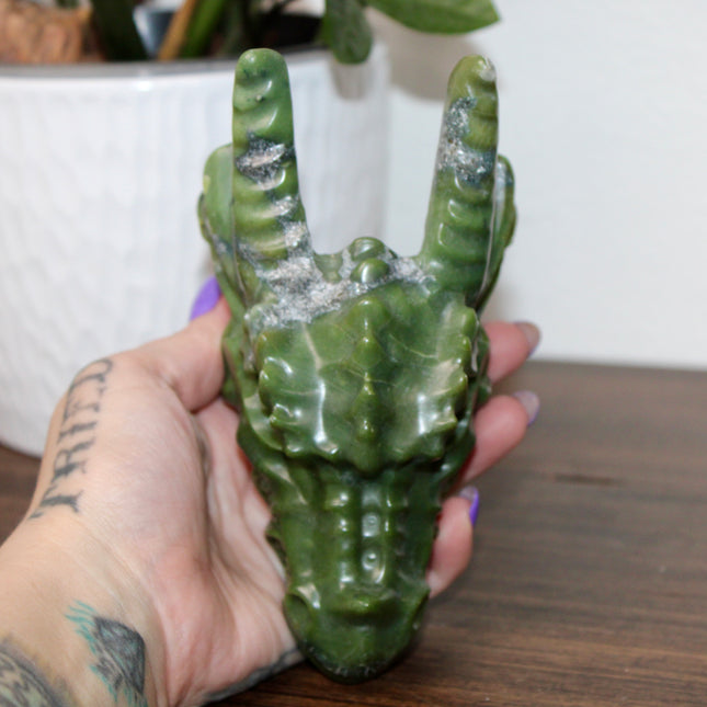 Large Xiuyan Jade Dragon Skull – Hand-Carved Green Stone Sculpture, Fantasy Decor, Unique Collector’s Piece, Statement Display - EC Plugs