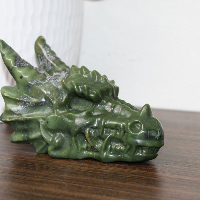 Large Xiuyan Jade Dragon Skull – Hand-Carved Green Stone Sculpture, Fantasy Decor, Unique Collector’s Piece, Statement Display - EC Plugs