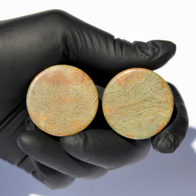 Wood Line Jasper Double Flared Plugs - Wood Appearance Stone Gauge PAIR