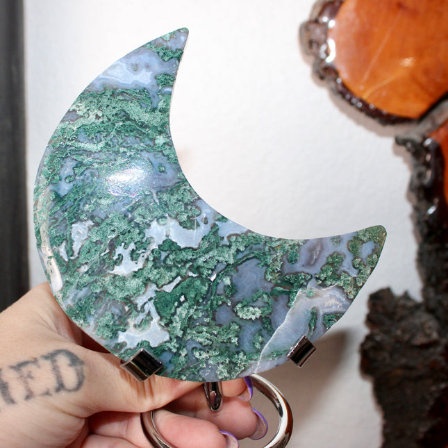 Moss Agate Moon on Metal Stand – Natural Crystal Display (You Pick!) - EC Plugs
