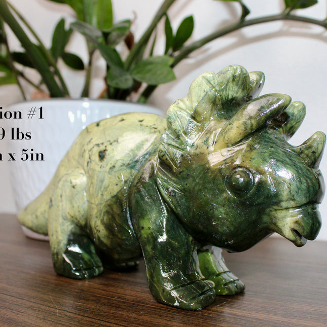 Green Xiuyan Jade Dinosaur Carving – Carved Triceratops Figurine, Polished Crystal Stone Decor or Gift - EC Plugs