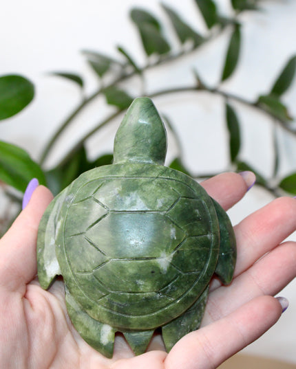 This Xiuyan Jade Turtle Carving is a beautifully detailed figurine made from genuine jade stone. Hand-carved and polished, it features gentle green tones and natural variations that make each piece one of a kind. Whether used as a decorative accent or gifted to a collector, this turtle brings a timeless and earthy charm to any space.