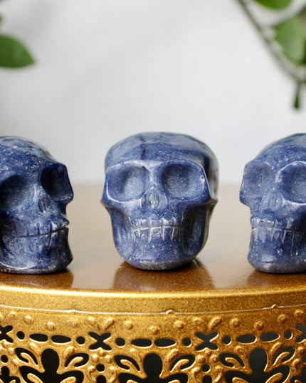 This 2.5" Blue Aventurine Skull is expertly hand-carved from natural gemstone, showcasing rich blue tones and intricate detailing. Each piece is polished to a smooth finish, making it a striking addition to any space. Due to the natural material, each skull is one of a kind, with unique patterns and shading.