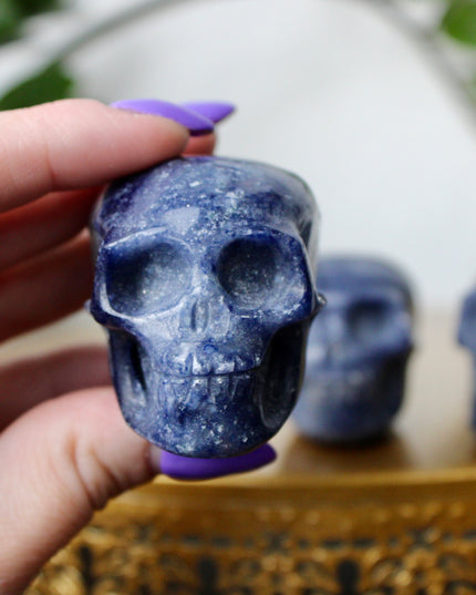 This 2.5" Blue Aventurine Skull is expertly hand-carved from natural gemstone, showcasing rich blue tones and intricate detailing. Each piece is polished to a smooth finish, making it a striking addition to any space. Due to the natural material, each skull is one of a kind, with unique patterns and shading.